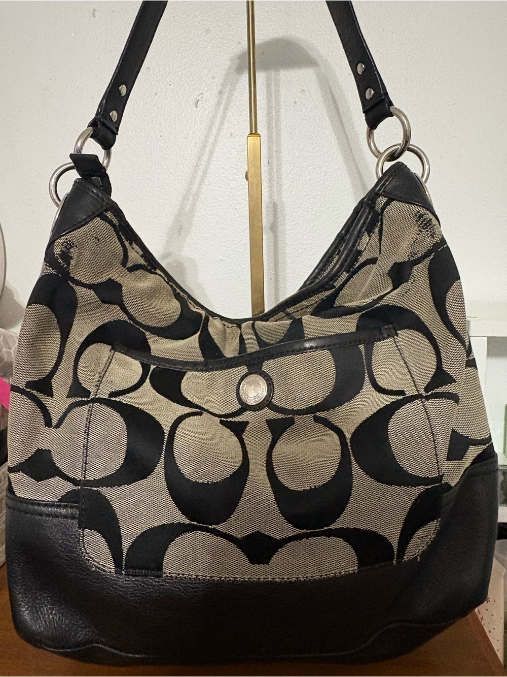 Coach Black and Tan Signature Canvas Shoulder Bag